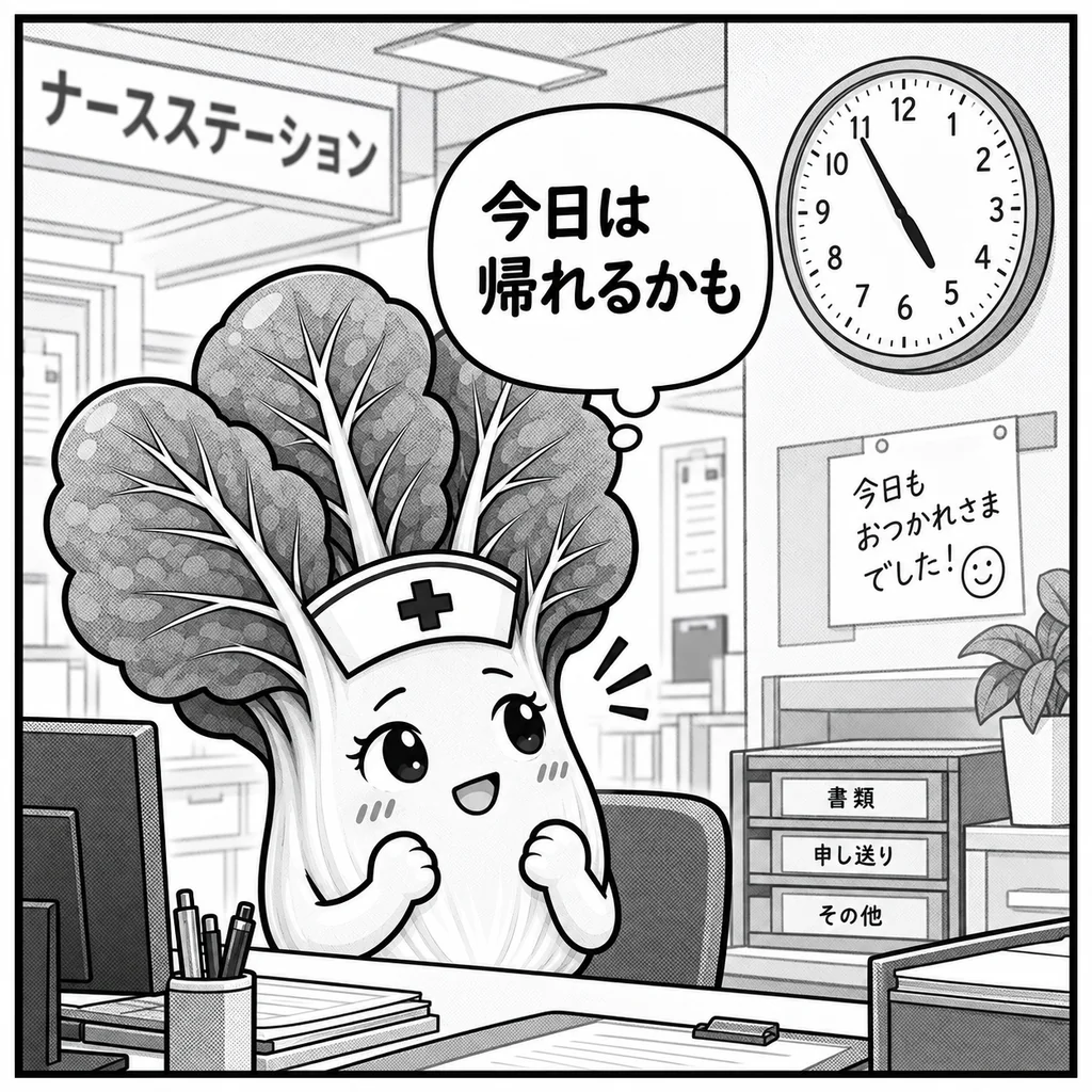 定時5分前のナースステーション。壁の時計を見て「今日は帰れるかも」と笑うほうれん草ちゃん