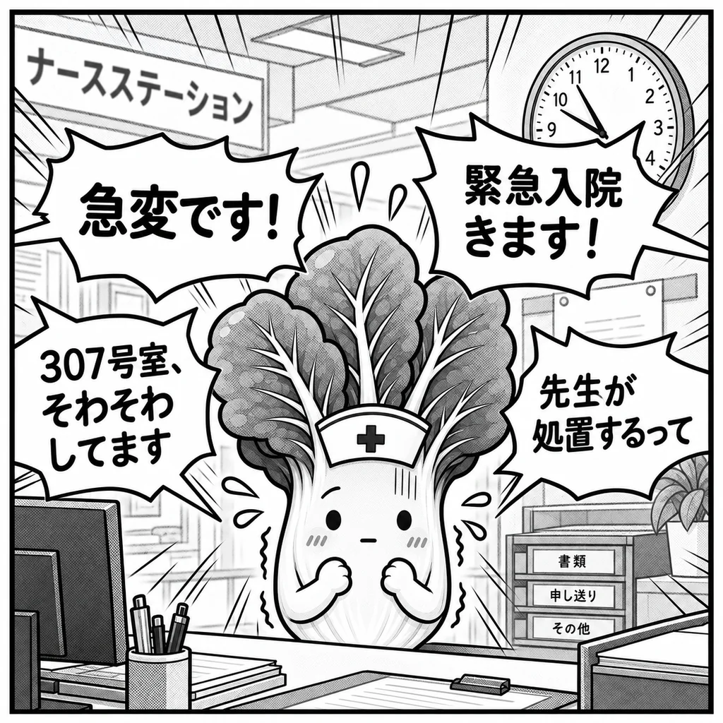 「急変です!」「緊急入院きます!」「307号室、そわそわしてます」「先生が処置するって」が四方から同時に飛んできて固まるほうれん草ちゃん