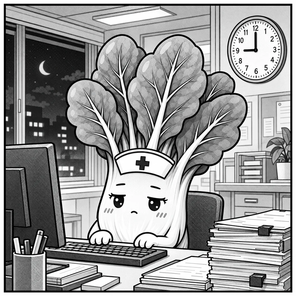 21時のナースステーション。窓の外は暗く、ほうれん草ちゃんがひとりで記録を打っている