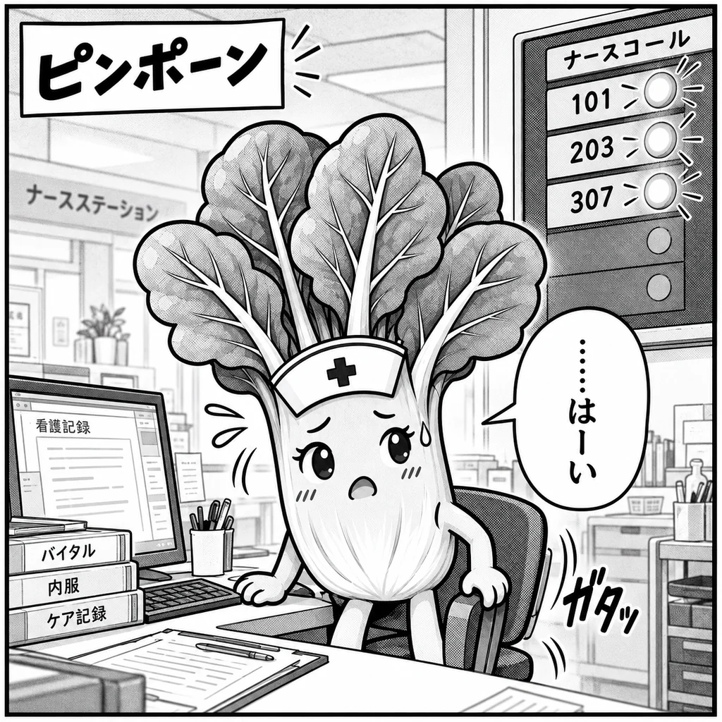 ナースコールが101・203・307の3部屋分いっせいに光り、「……はーい」と席を立ちかけるほうれん草ちゃん