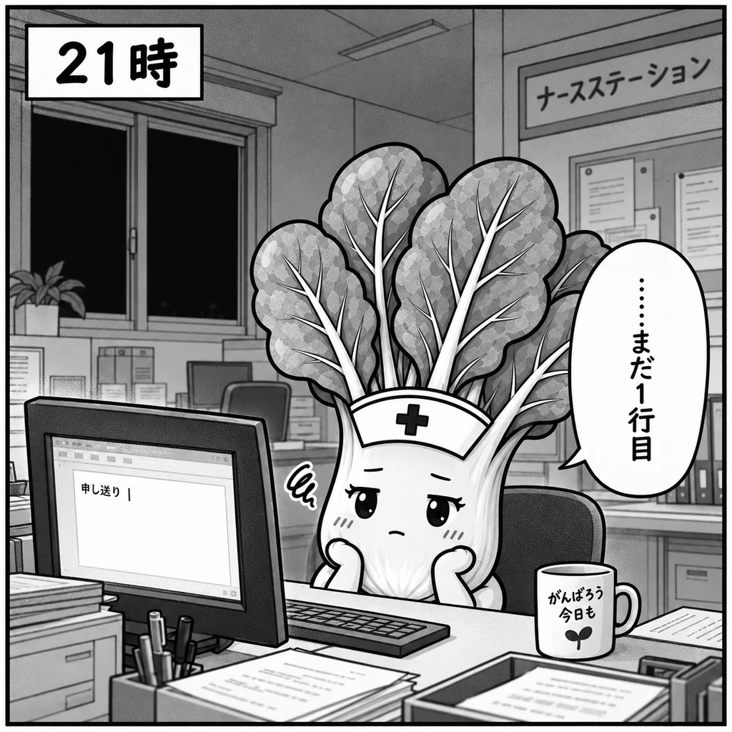 21時のナースステーションでひとり残り、申し送りの画面を前に「……まだ1行目」とつぶやくほうれん草ちゃん