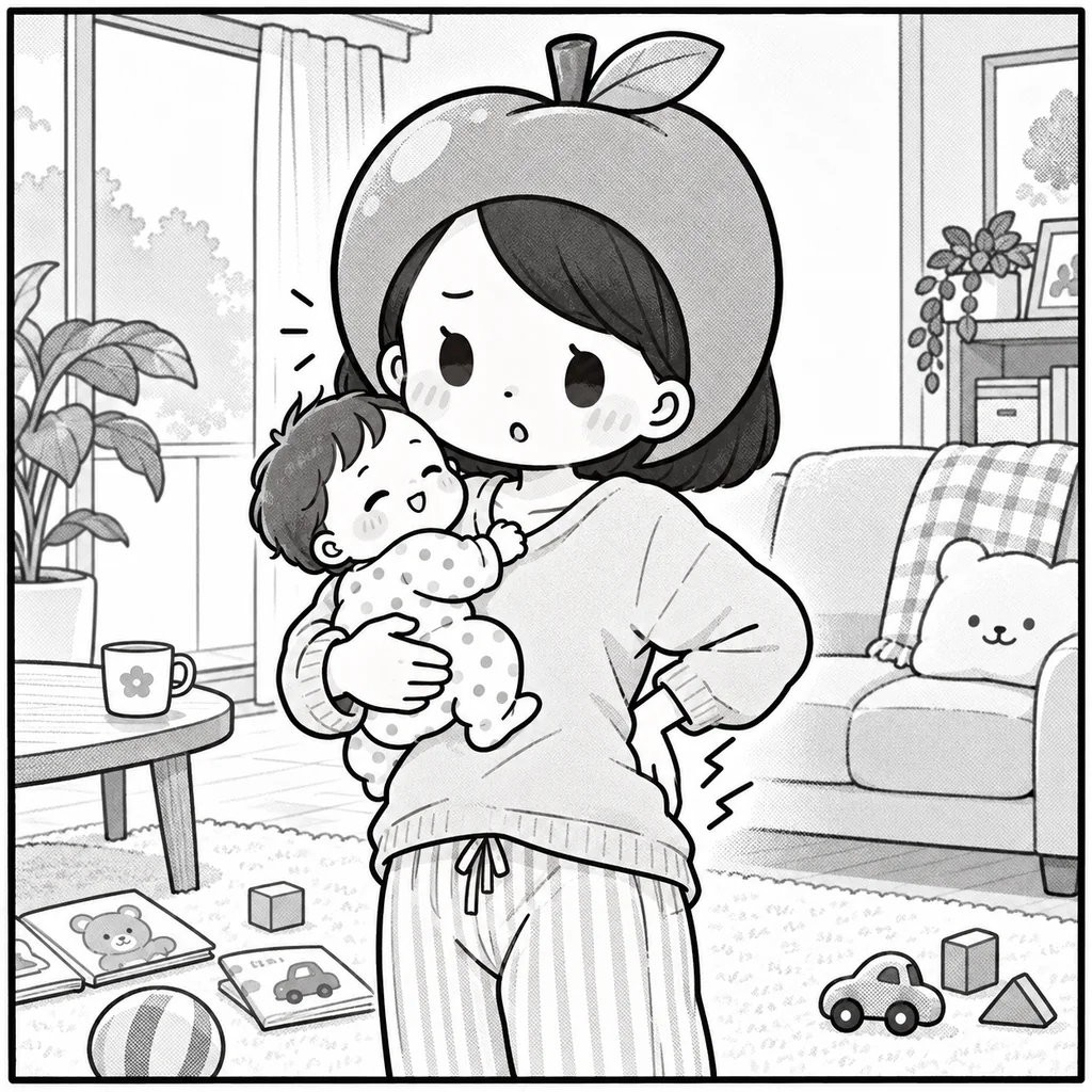 部屋着のりんごナースが赤ちゃんを抱っこしたまま、腰に手を当てて痛みに気づいている。床には上の子の絵本やおもちゃ