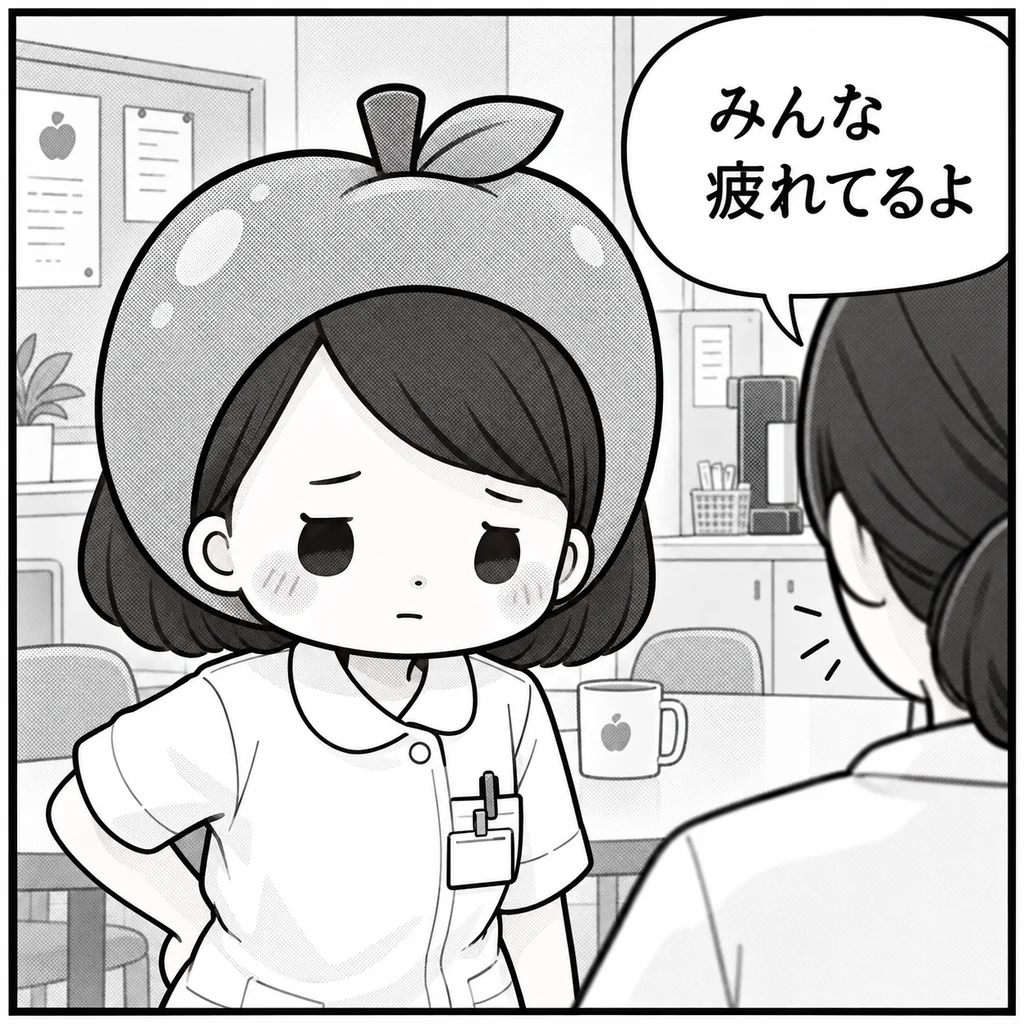 看護師時代の休憩室。白衣のりんごナースが腰に手を当てたまま、同僚に「みんな疲れてるよ」と言われて言葉を返せずにいる