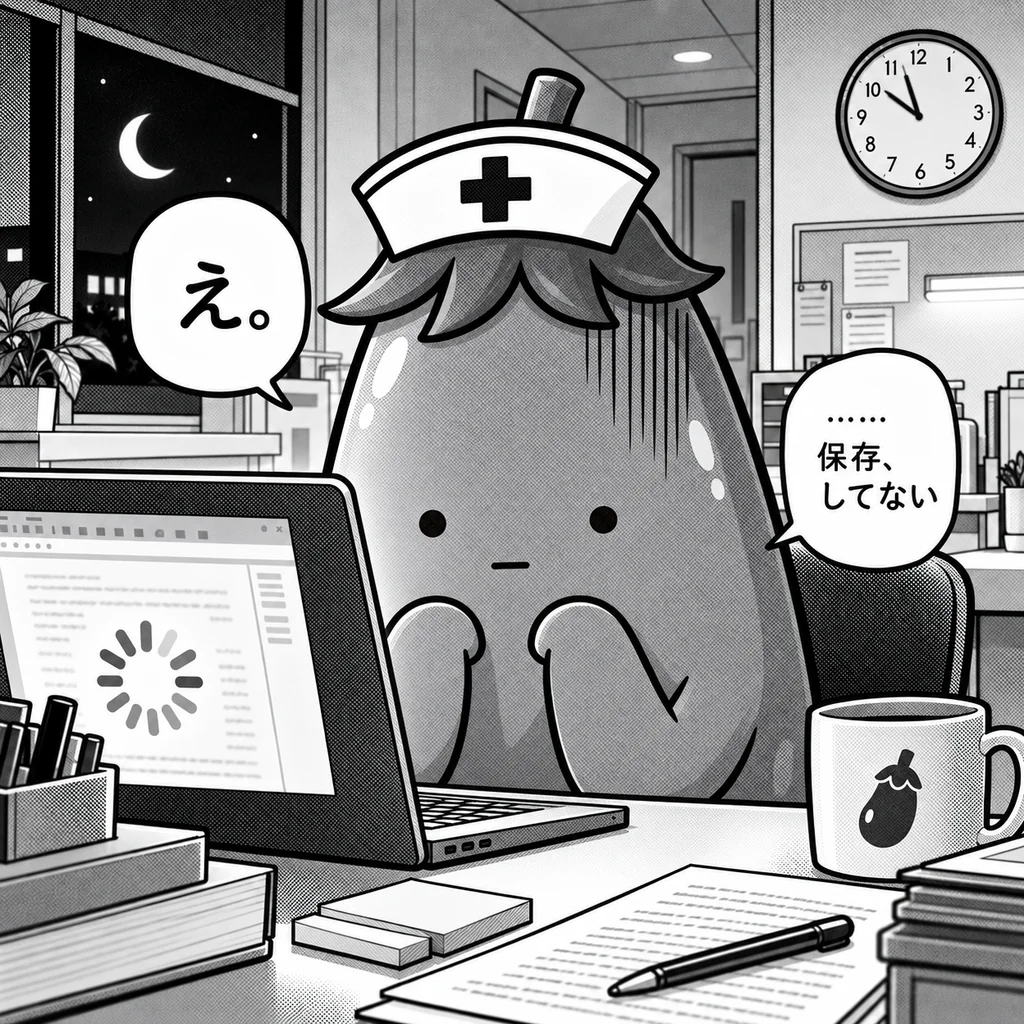 パソコンの画面が固まり、読み込みマークが回っている。なすちゃんが「え。」「……保存、してない」と青ざめている