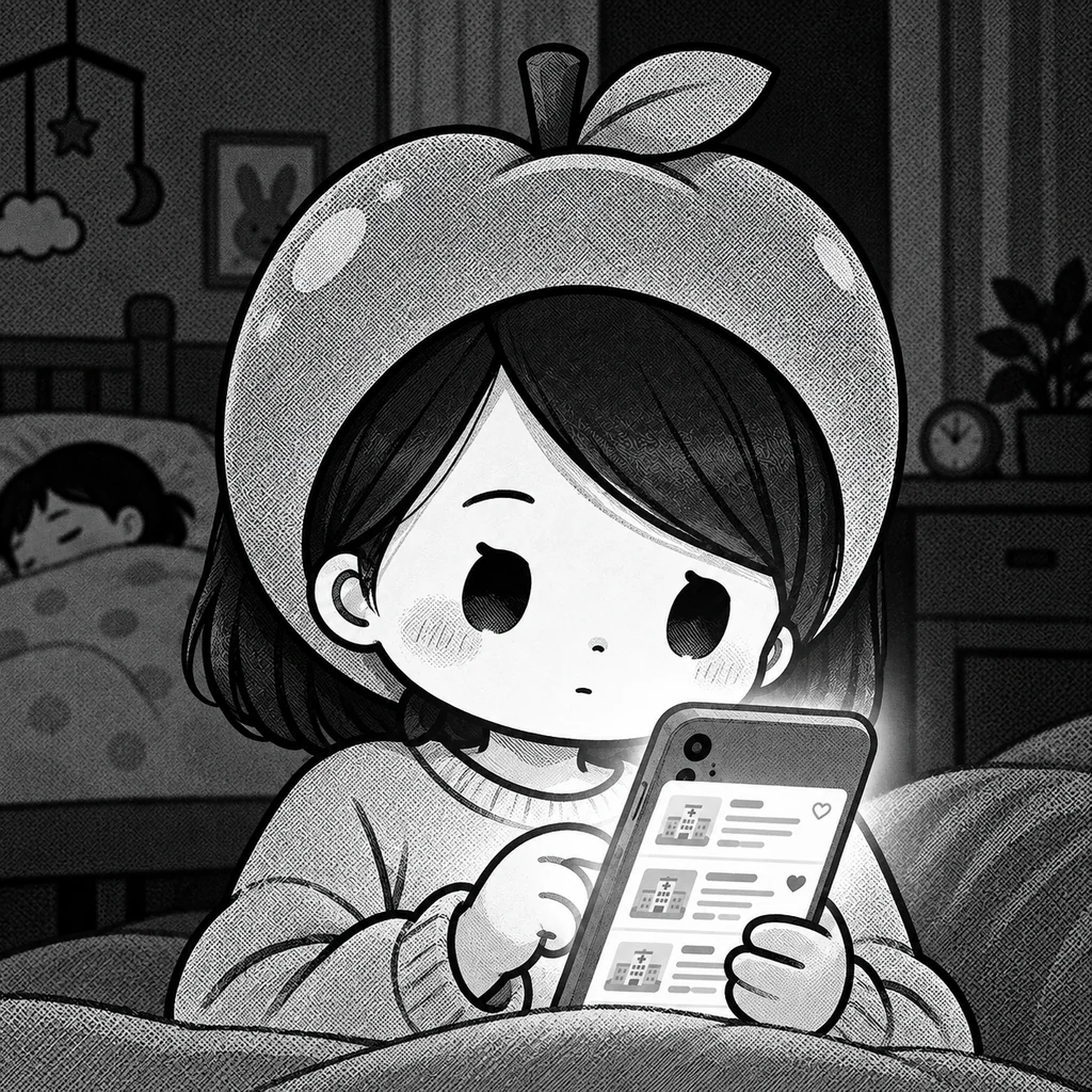 夜、子どもが眠る横で、りんごナースが暗い部屋のベッドでスマホの看護師求人サイトを見ている。画面の光だけが顔にあたっている