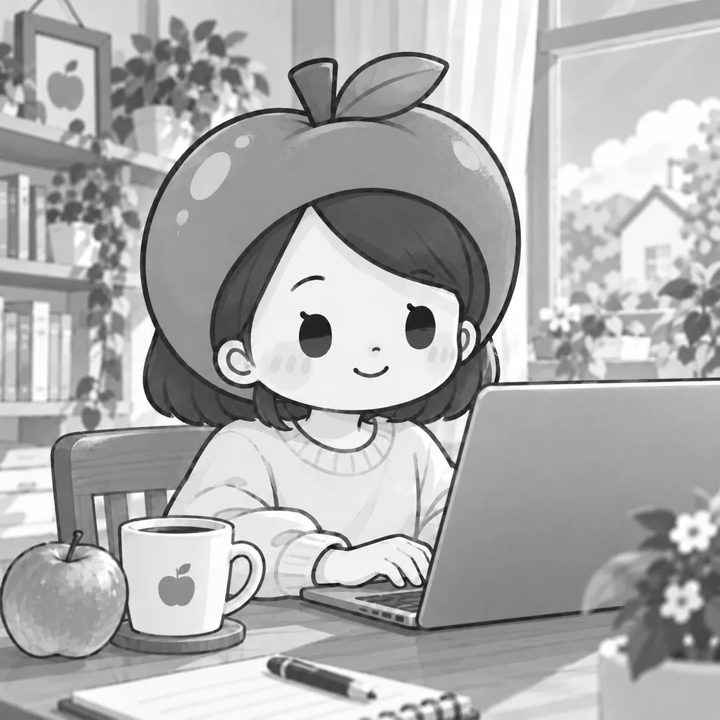 昼の自宅の机で、部屋着のりんごナースがノートパソコンに向かって記事を書いている。おだやかな表情