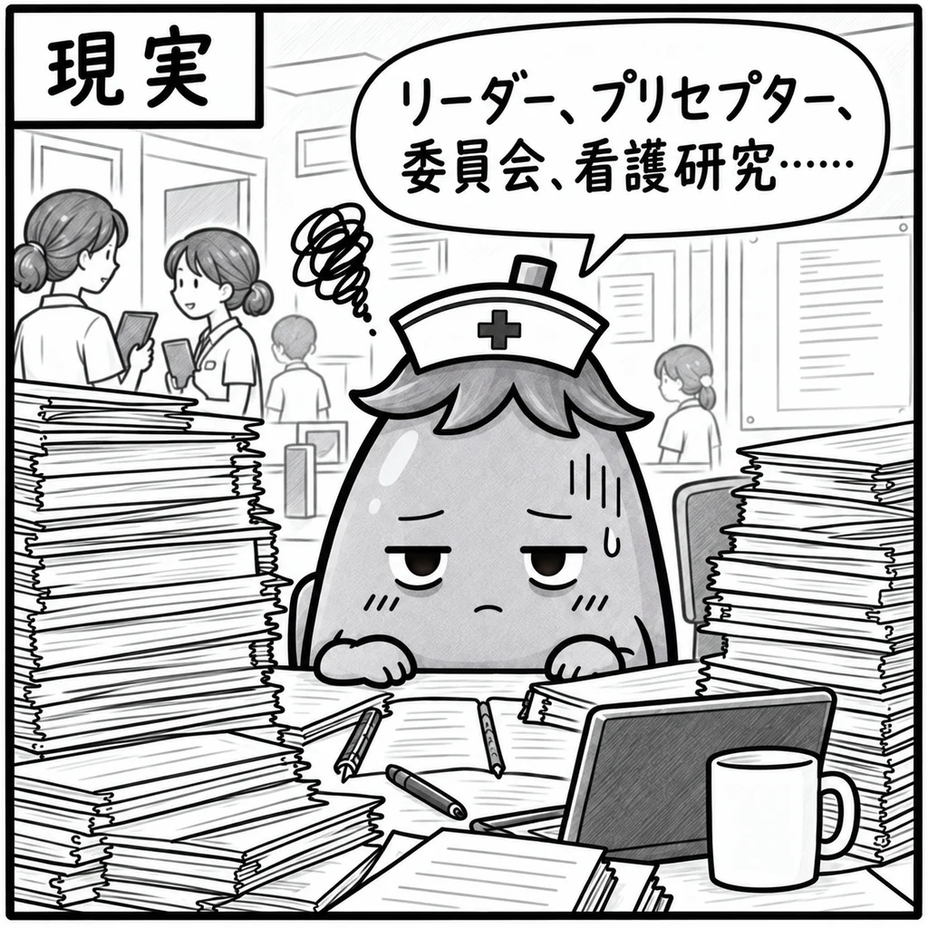 書類の山に囲まれ、リーダー・プリセプター・委員会・看護研究に追われるなすちゃん