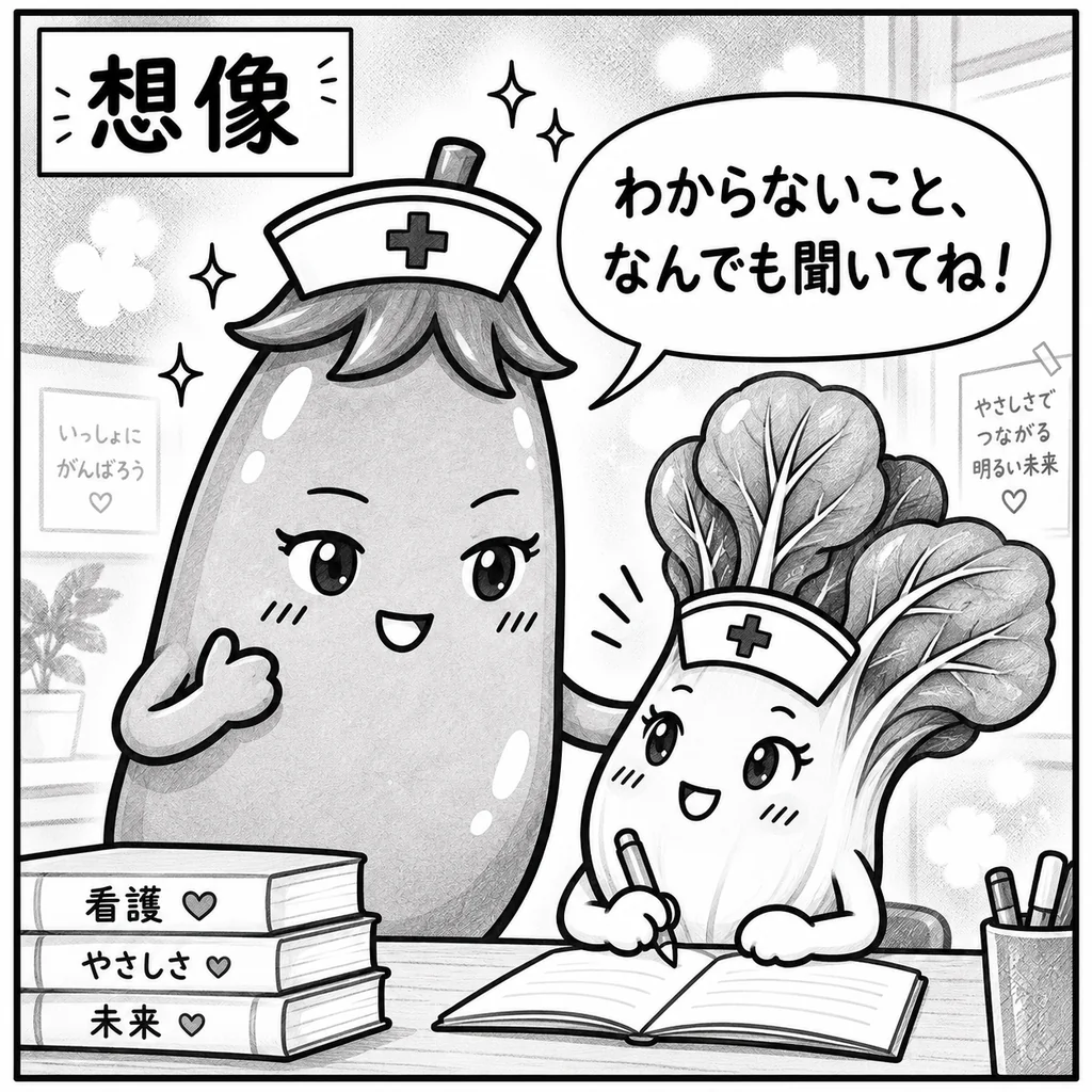 想像の中で「わからないこと、なんでも聞いてね!」と後輩にほほえみかけるなすちゃん