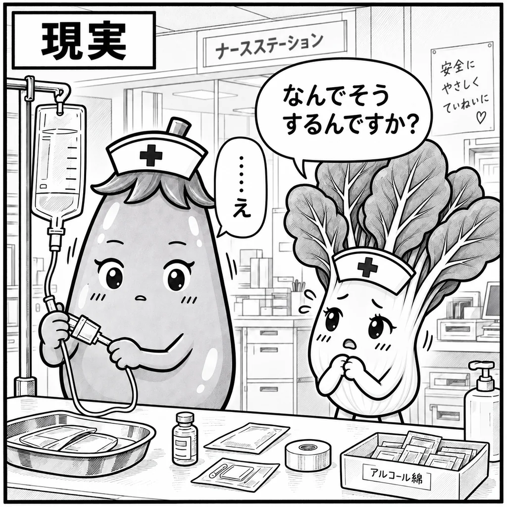 点滴の準備中、ほうれん草ちゃんに「なんでそうするんですか?」と聞かれ「……え」と手が止まるなすちゃん