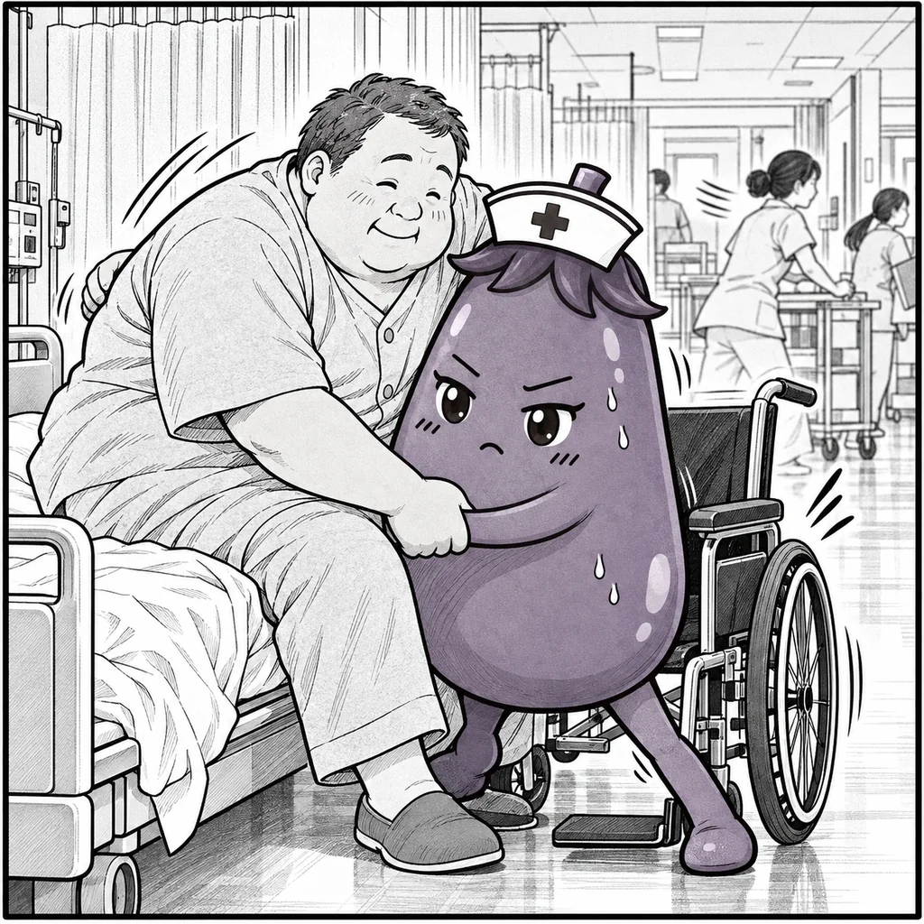 ひとりで患者さんの移乗介助をするなすちゃん