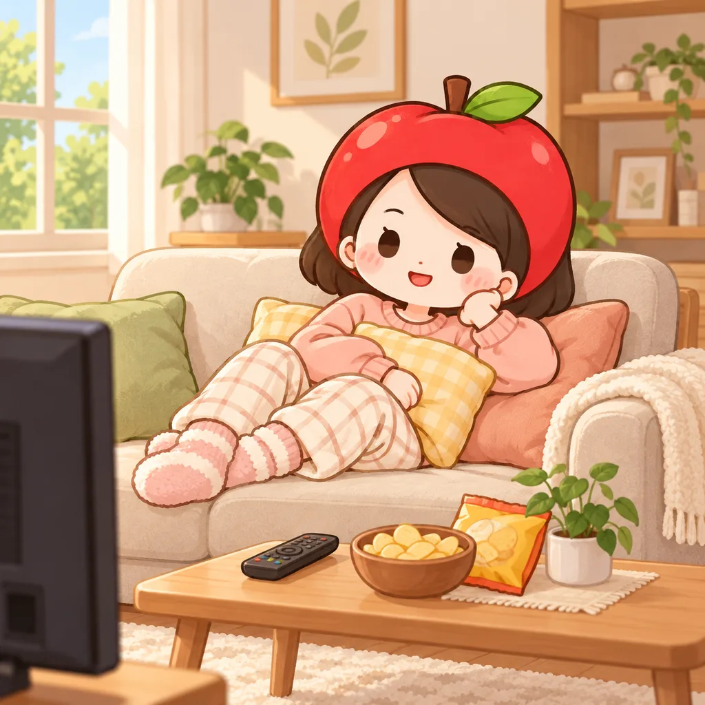 休みの日の昼、部屋着のりんごナースがソファにもたれてテレビを見ながらぐーたらしている