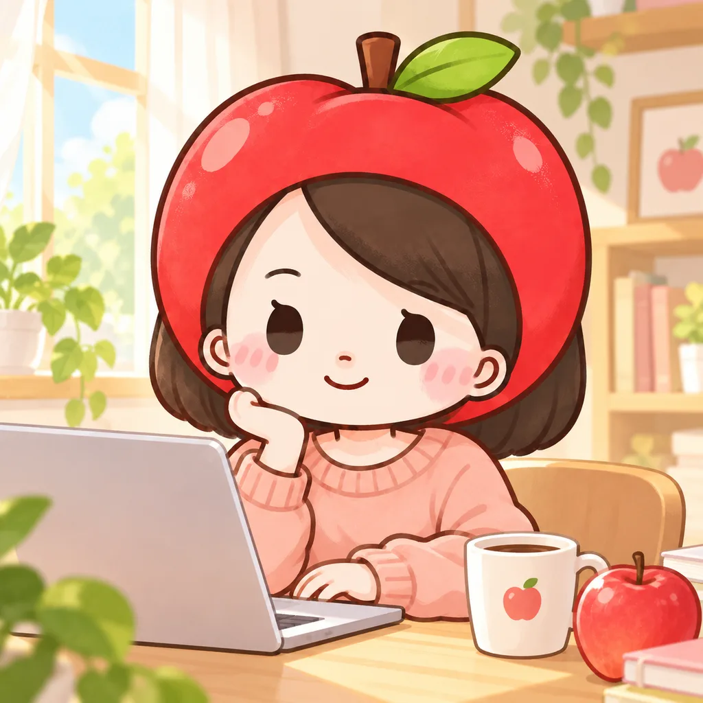 明るい自宅の机で、部屋着のりんごナースがノートパソコンに向かっている。机にはコーヒーとりんご