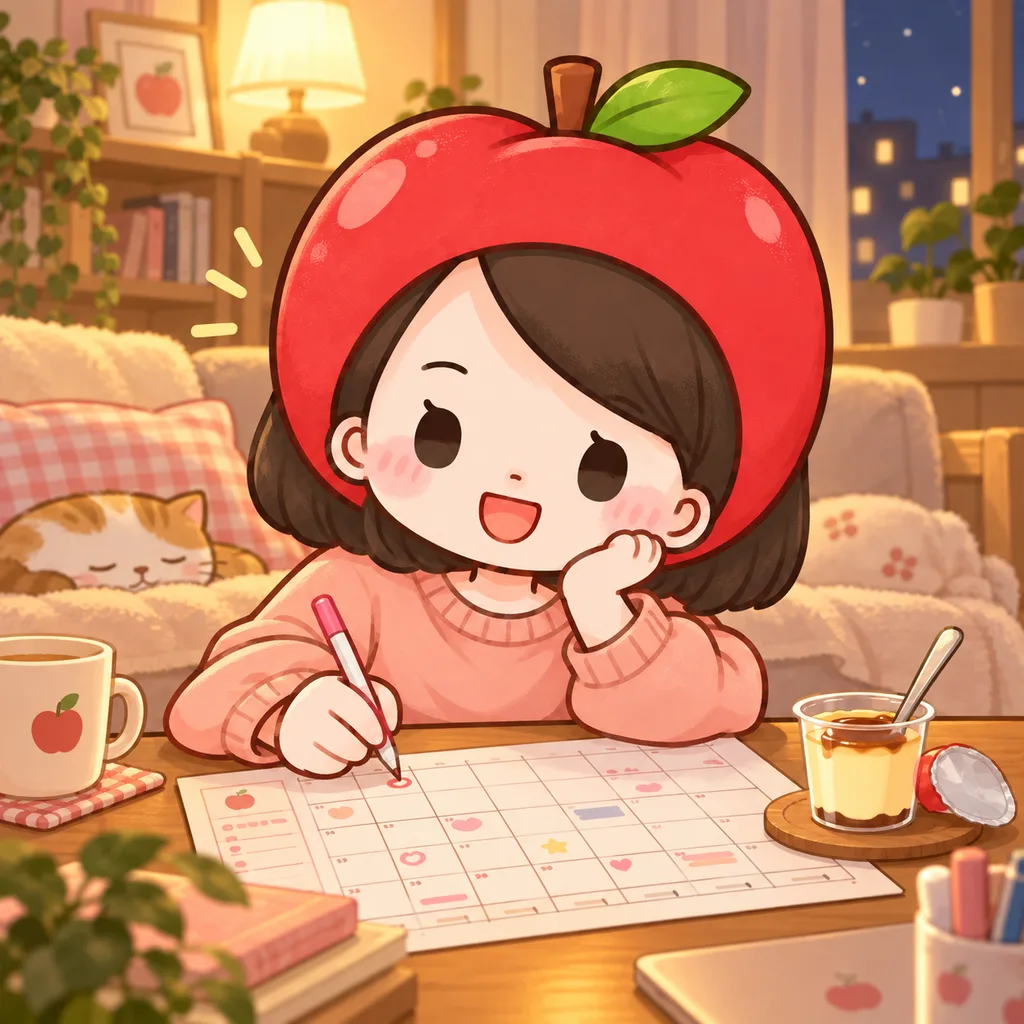 夜のリビングで、部屋着のりんごナースが来月の勤務表を広げ、プリンを横に休みの予定を書き込んでいる