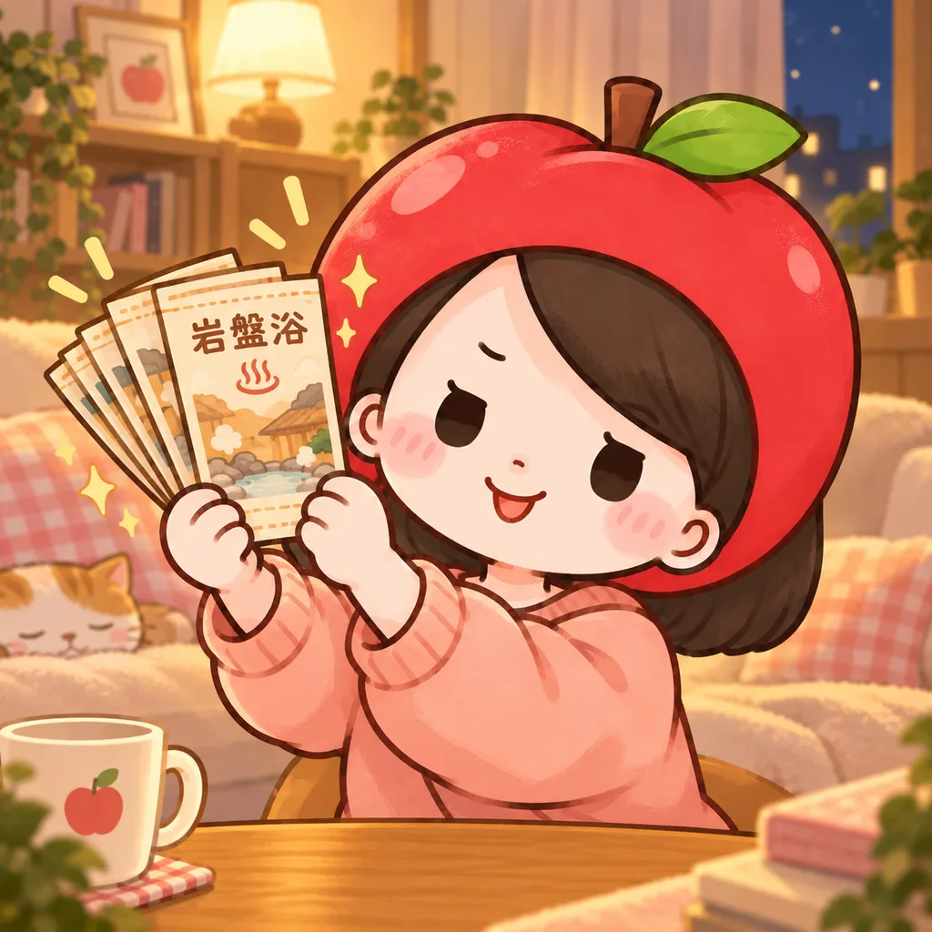 自宅のリビングで、部屋着のりんごナースが岩盤浴の回数券の束を得意げに掲げている