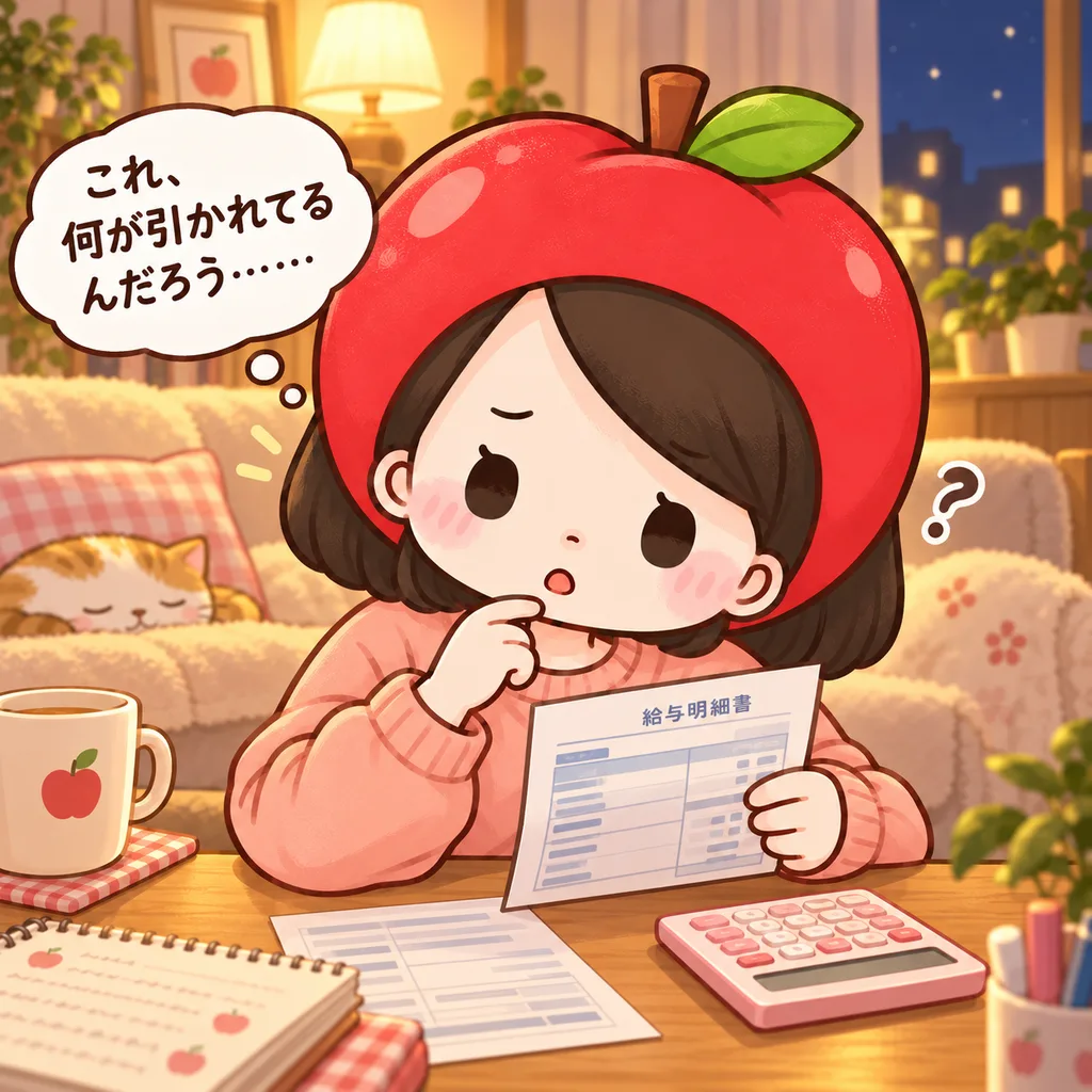 夜の自宅で、部屋着のりんごナースが給与明細と電卓を前に「これ、何が引かれてるんだろう……」と首をかしげている