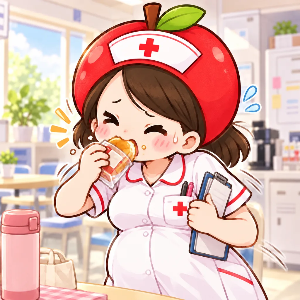 休憩室で、食べづわりの妊娠中のりんごナースが、空腹で気持ち悪くならないようにお菓子をほおばっている