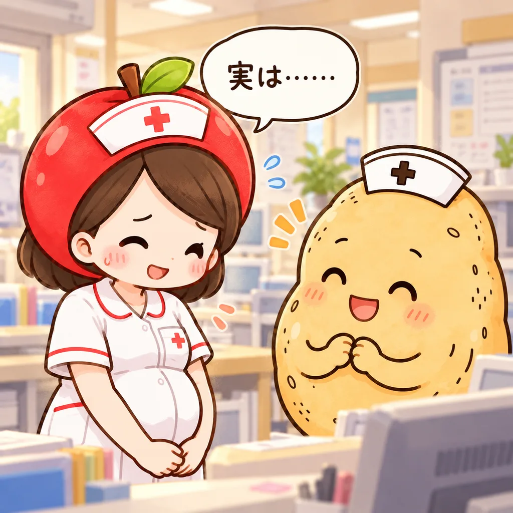 ナースステーションで、妊娠中のりんごナースがじゃがいもさんに「実は……」と報告し、じゃがいもさんがうれしそうに笑っている