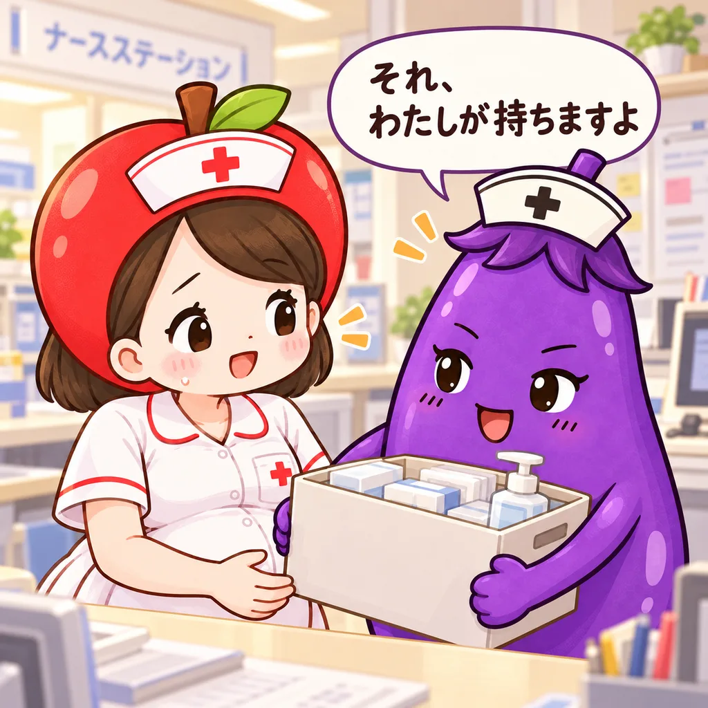 ナースステーションで、なすちゃんが「それ、わたしが持ちますよ」と妊娠中のりんごナースの代わりに箱を持ってくれている
