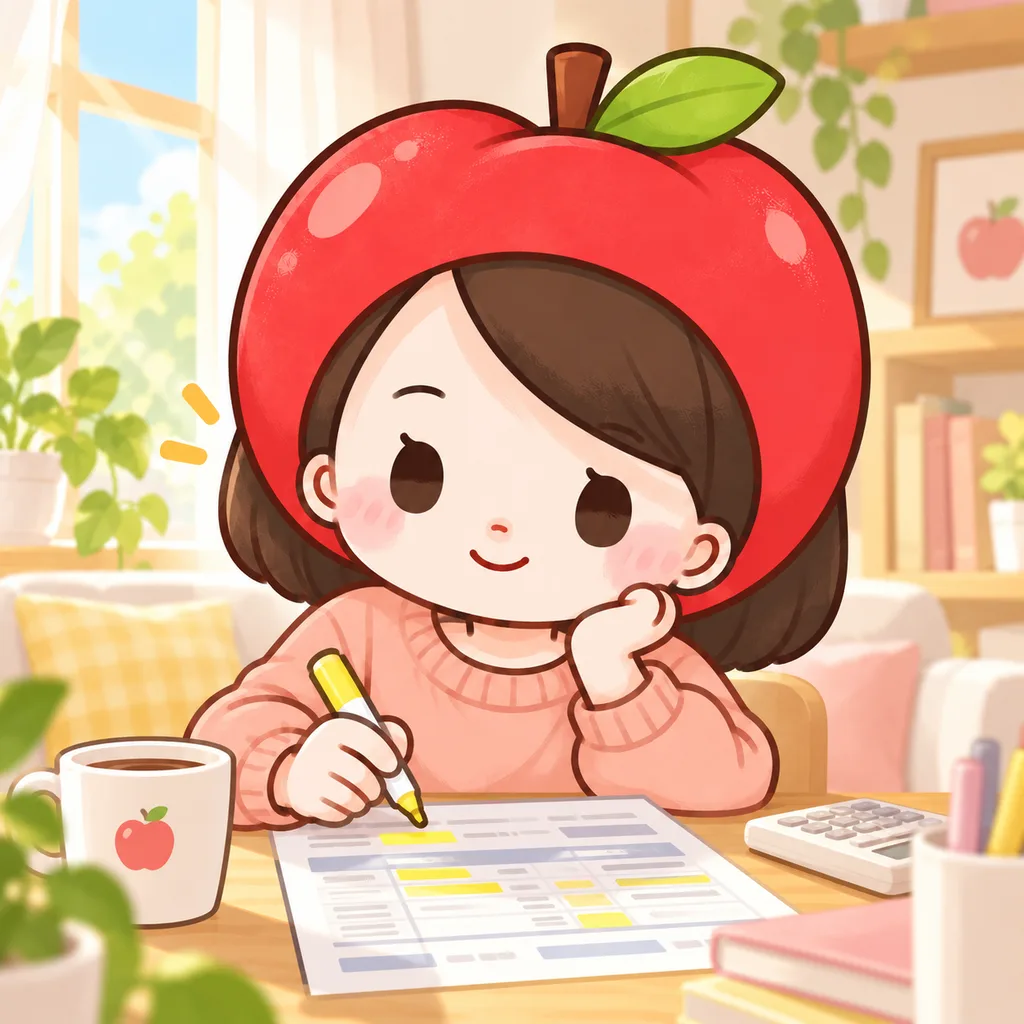 明るい自宅で、部屋着のりんごナースが給与明細に蛍光ペンで印をつけている