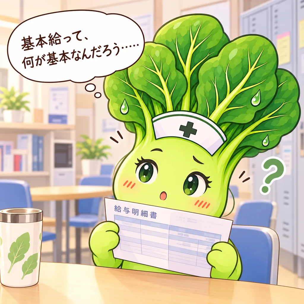 休憩室で、ほうれん草ちゃんが給与明細書を持って「基本給って、何が基本なんだろう……」と首をかしげている