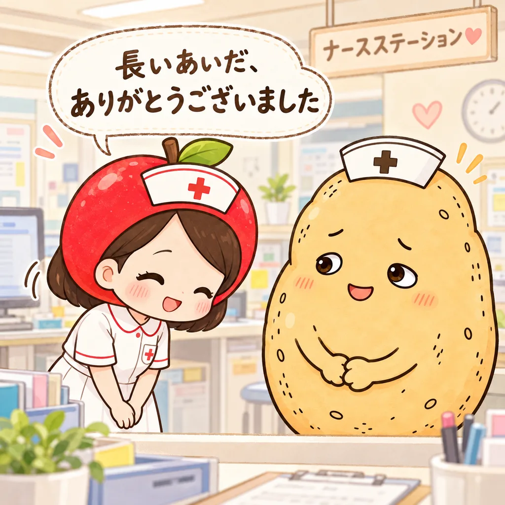 ナースステーションで、白衣のりんごナースがじゃがいもさんに「長いあいだ、ありがとうございました」と頭を下げている