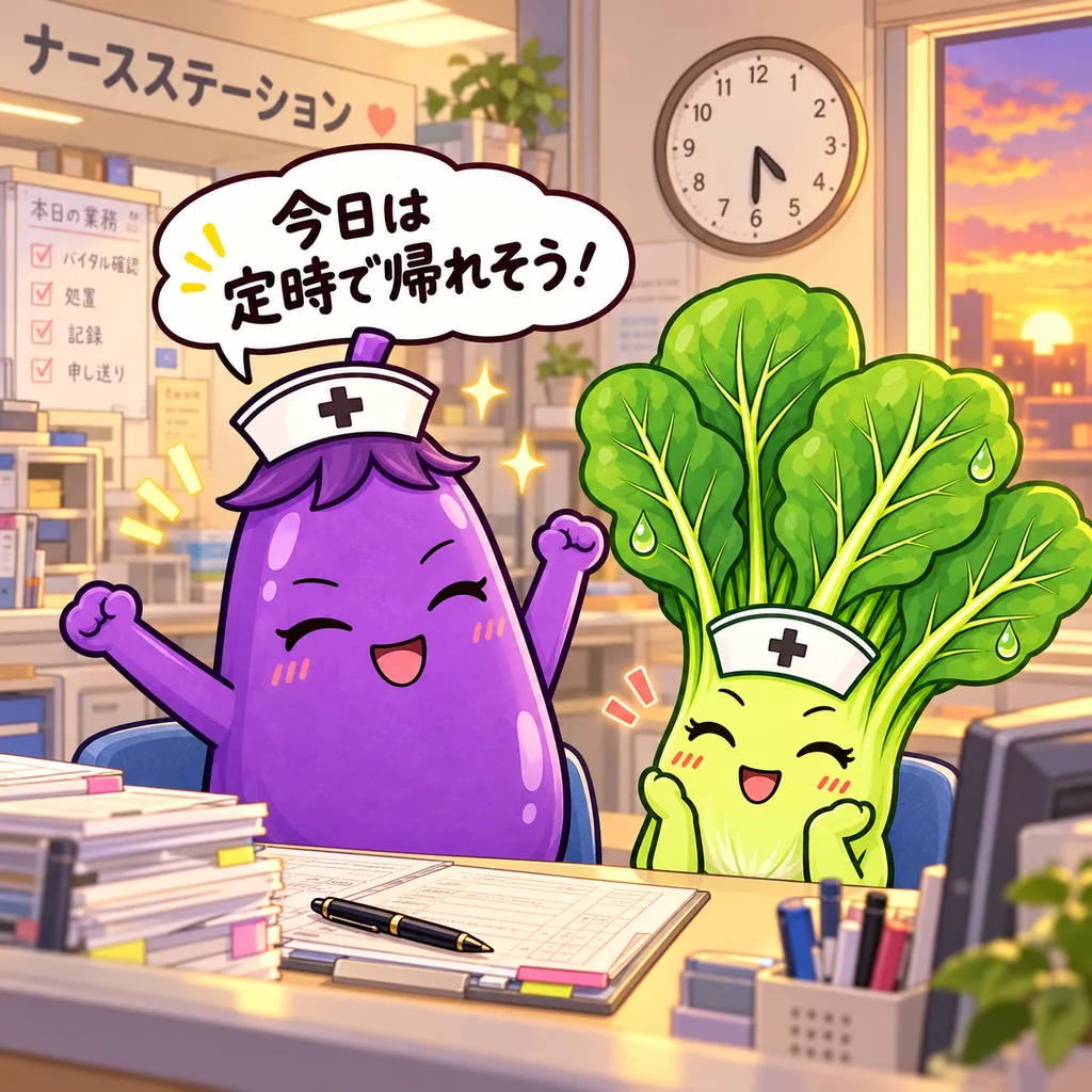 4コマ1コマ目。夕方のナースステーションで、なすちゃんが「今日は定時で帰れそう！」とガッツポーズ、ほうれん草ちゃんもうれしそう