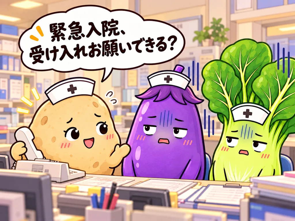 4コマ2コマ目。じゃがいもさんが受話器を持って「緊急入院、受け入れお願いできる？」。なすちゃんとほうれん草ちゃんが「これからか〜」という顔で固まる