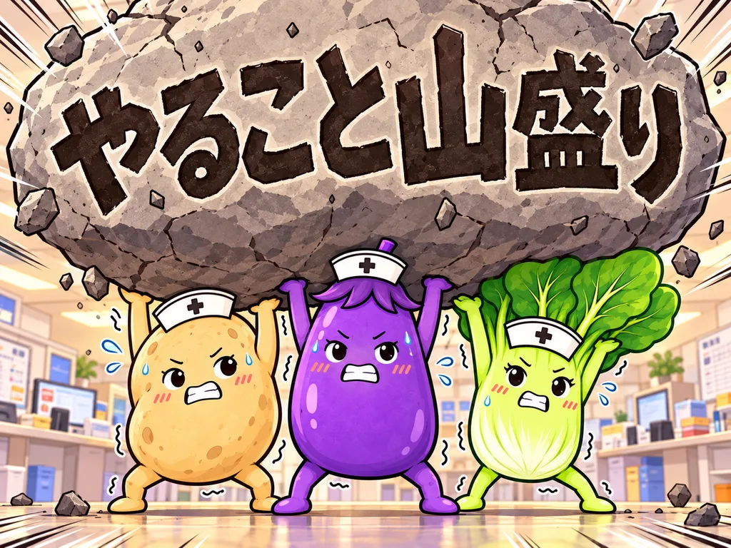 4コマ3コマ目。「やること山盛り」と書かれた大きな岩を、じゃがいもさん・なすちゃん・ほうれん草ちゃんが3人で必死に受け止めている