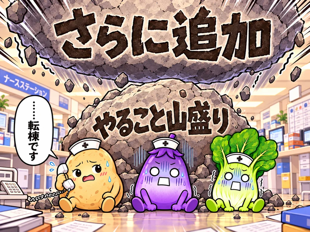 4コマ4コマ目。岩を下ろして座りこむ3人。じゃがいもさんが電話で「……転棟です」、頭の上に「さらに追加」の岩が落ちてくる