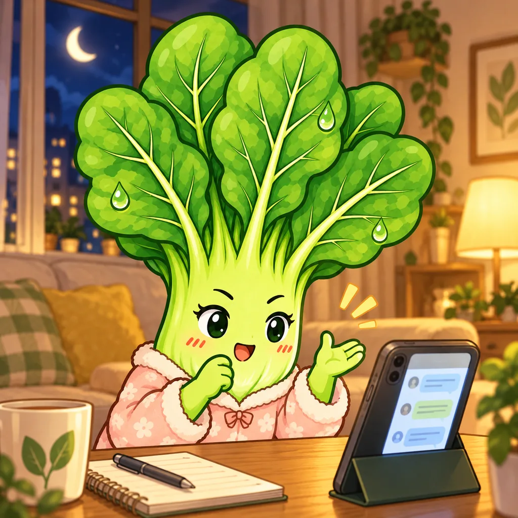 夜の自宅で、部屋着のほうれん草ちゃんがスマホのAIを相手に申し送りの練習をしている