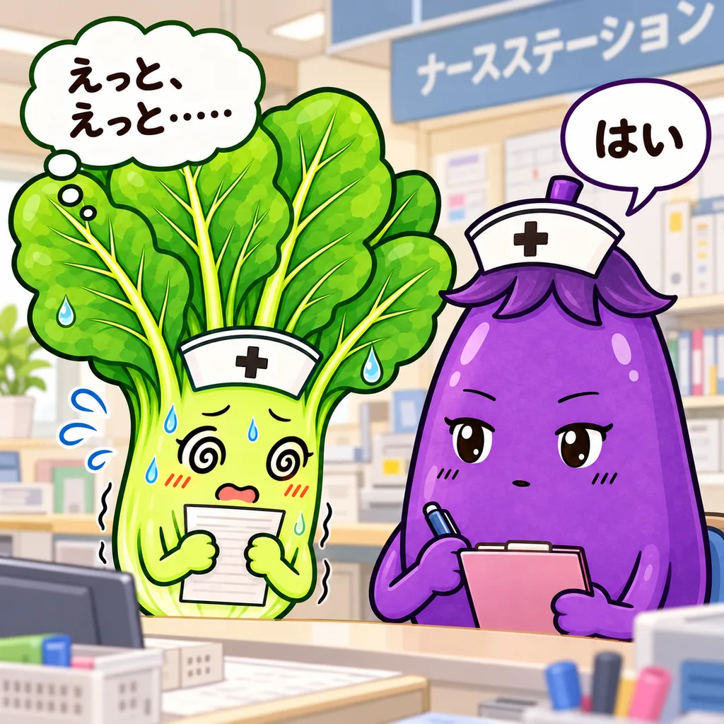 ナースステーションで、目をぐるぐるさせたほうれん草ちゃんが「えっと、えっと……」と申し送りをし、なすちゃんが真顔で「はい」とだけ答えている