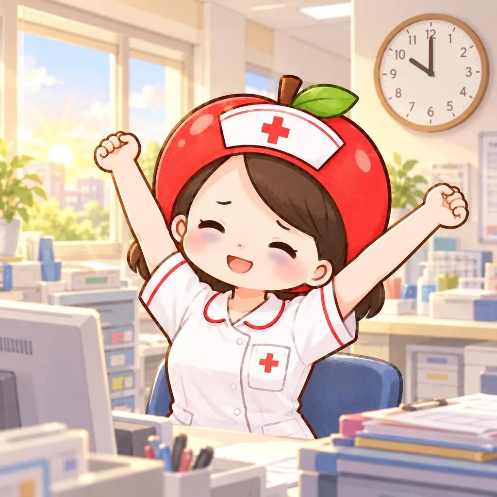 朝10時のナースステーションで、夜勤明けのりんごナースが記録を書き終えて大きく伸びをしている