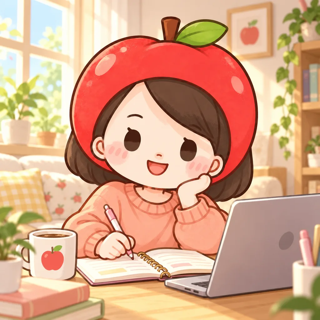 明るい自宅で、部屋着のりんごナースがノートパソコンとノートを広げて楽しそうに勉強している